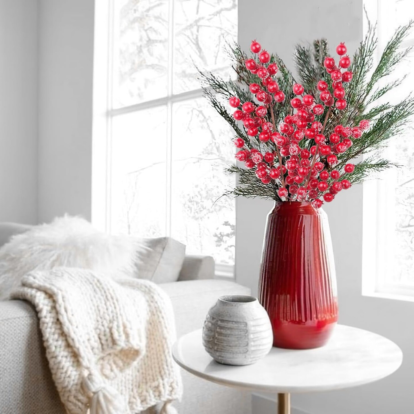 Red Berry Stems Sprays Snowy Christmas Red Berries Picks(red)