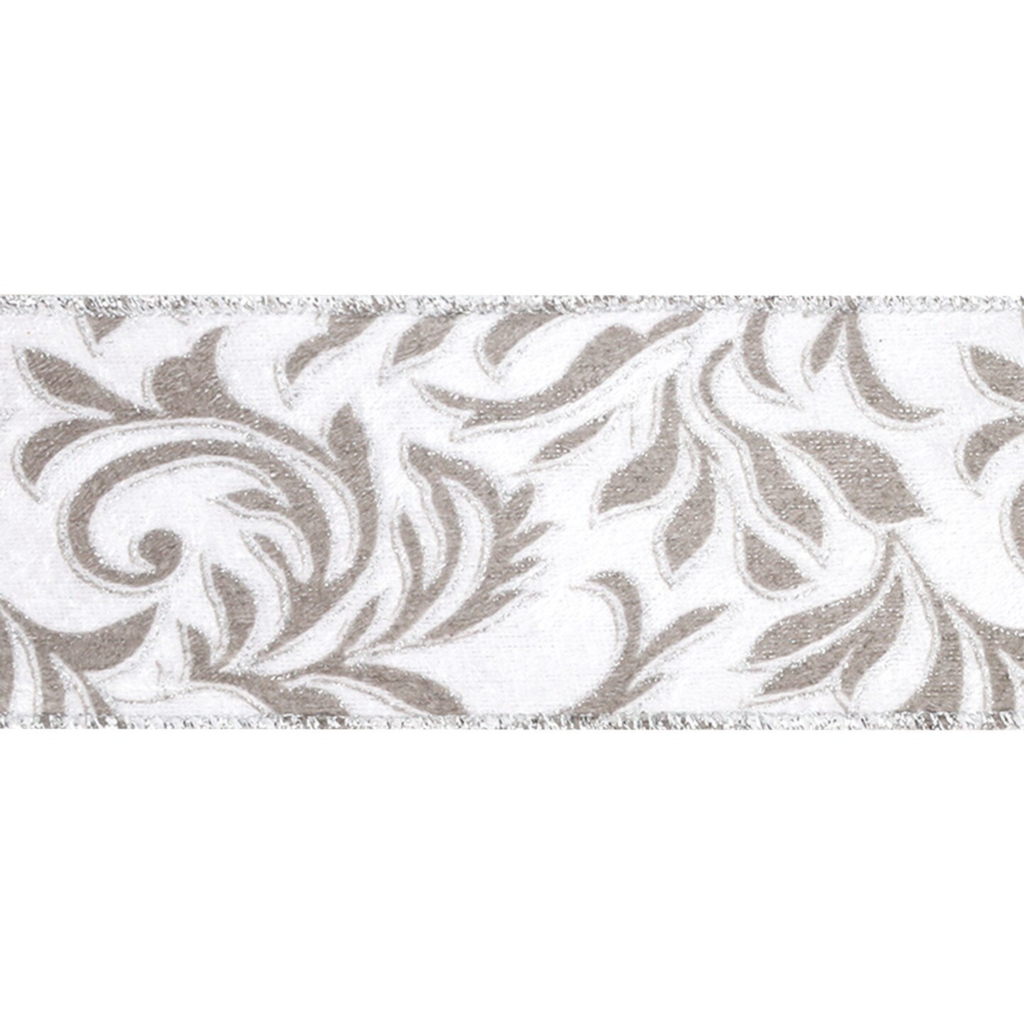 LaRibbons 2 1/2" Wired Ribbon "Scroll" White/Silver, 10 Yard Roll
