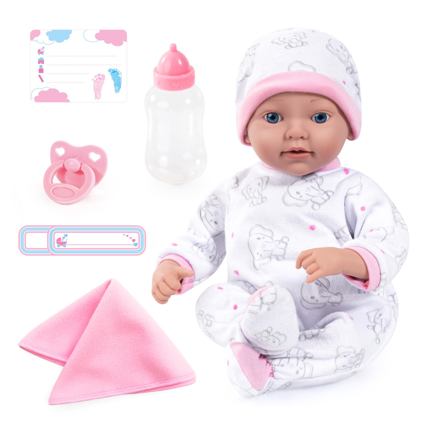 Bayer: Reborn 15" Baby Doll Set - White Pink Elephant - Life-Like Doll, Blanket, Bottle, Pacifier, Name Tag & Birth Certificate