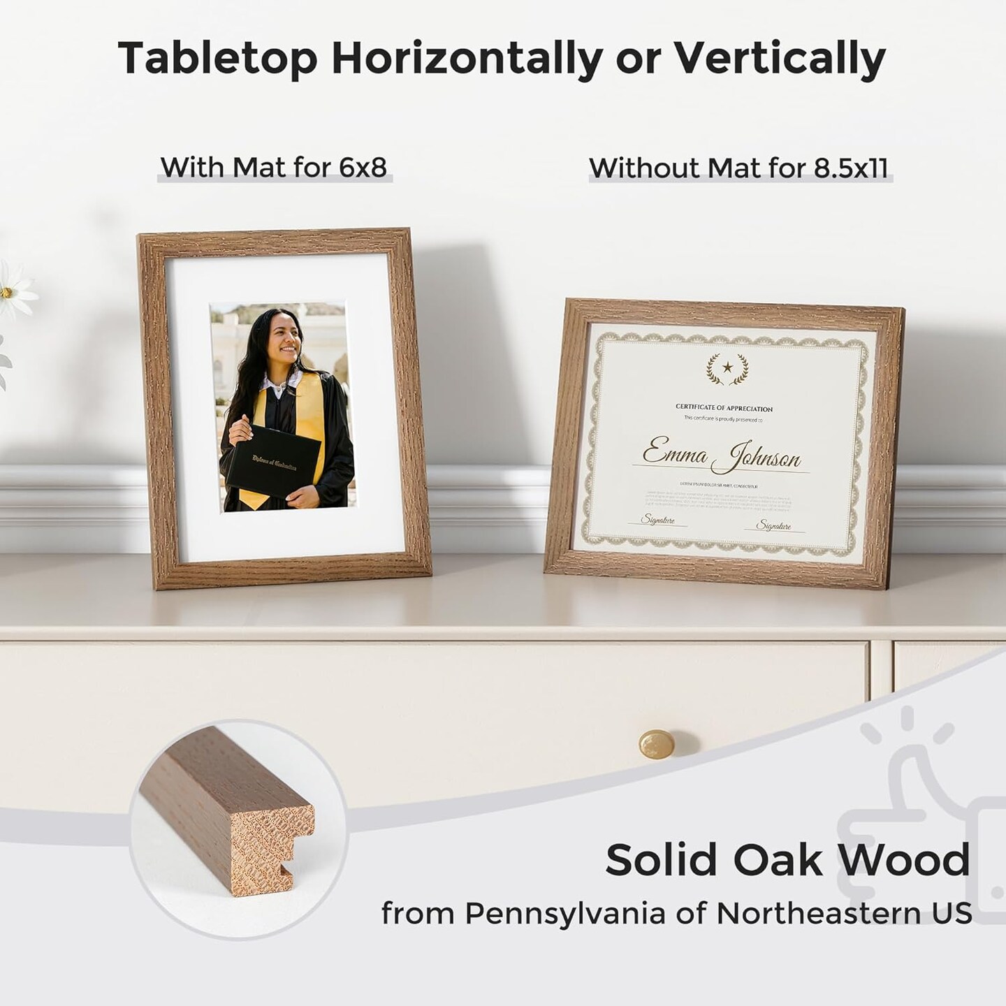 Diploma Frame For 8.5x11 Certificate Document | Solid Oak Wood 8.5 By 11 Picture With Mat For 6x8 | 8 1/2 x 11 Certificate Frame | Plexiglass And Hanging Hardware Included | Walnut