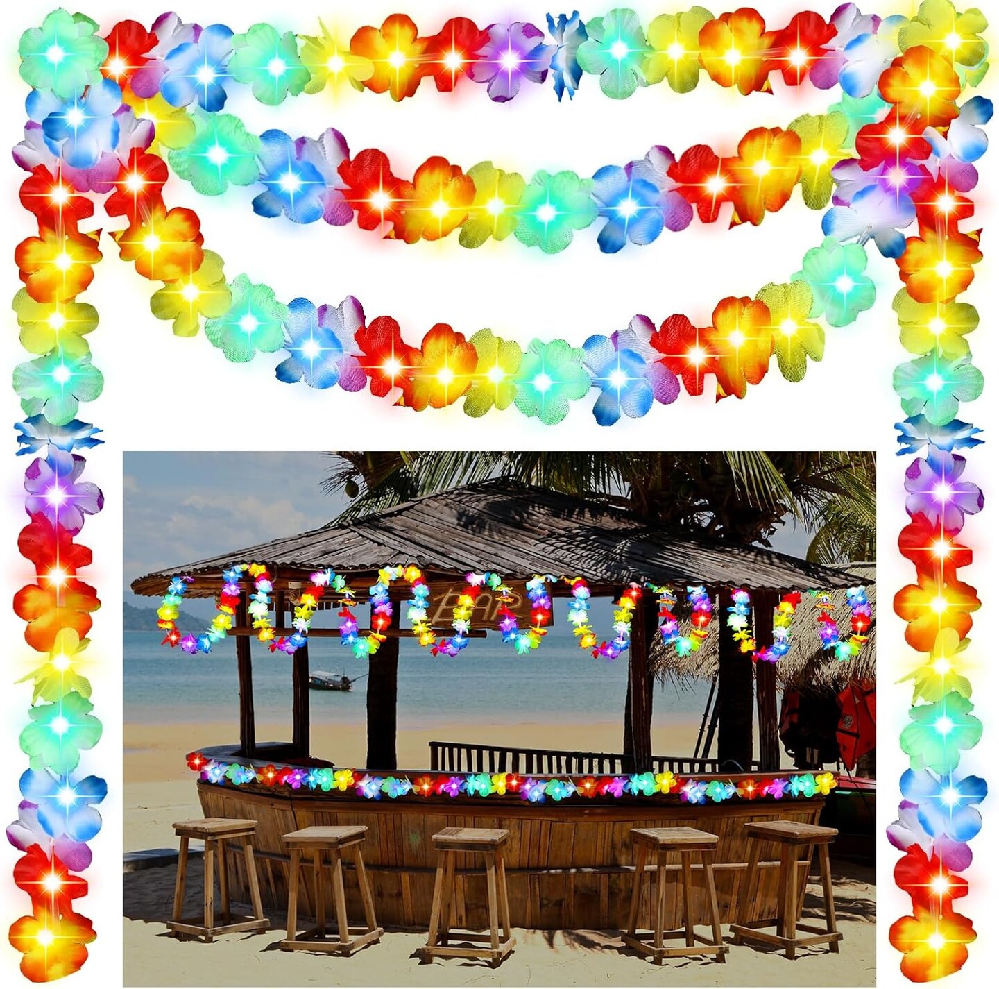 Light up Hawaiian Flower Lei Garland Tropical Hawaiian Garland LED Lighted Luau Party Flower Banner for Luau Summer Beach Party Decorations