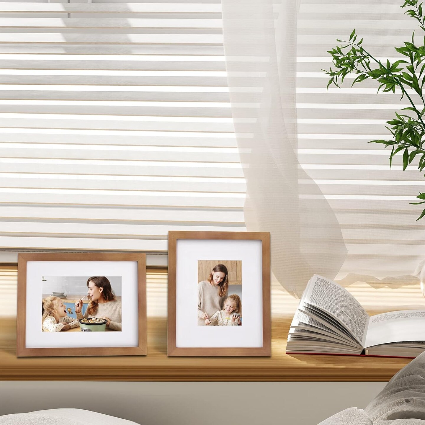 Picture Frames 4 Pack, for Pictures 4x6 or 5x7 with Mat Made of Solid Wood Covered by Plexiglass for Table Top Display and Wall Mounting Photo Frames, Light Brown