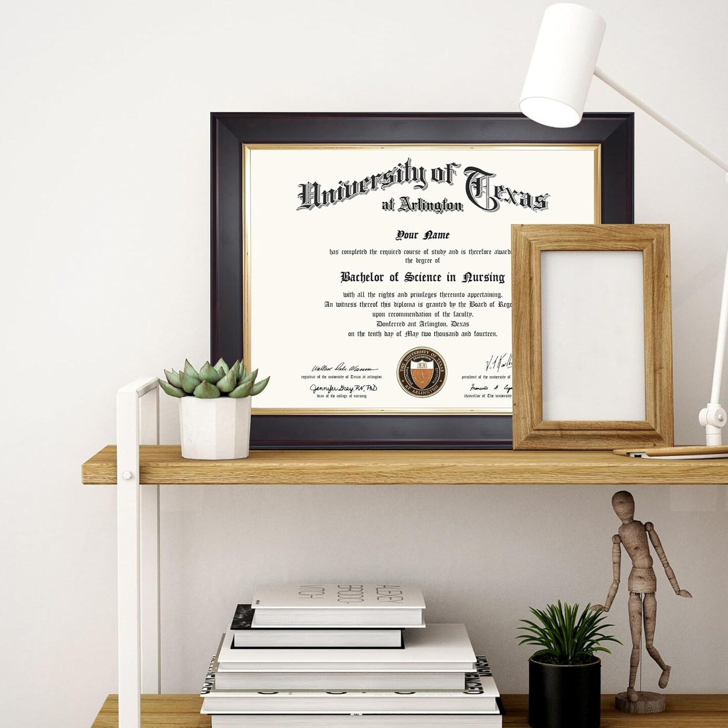 8.5x11 Wood Diploma Frame with Tempered Glass Deep Brown Finish with Gold Trim