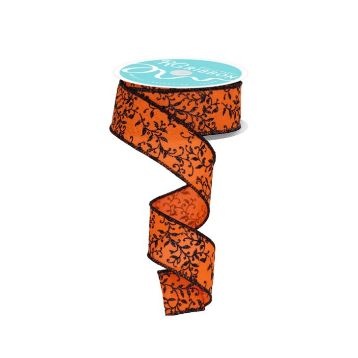 Halloween Ribbon Orange &#x26; Black | 1.5&#x22;x10yd Glitter Vine Wired Craft Trim-RGF1314P2
