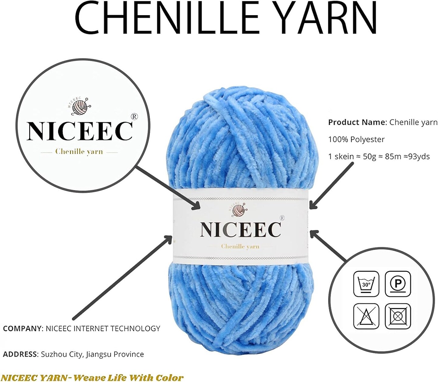 3346.46 Inches - 3 Skeins Soft Chenille Yarn(Blue)