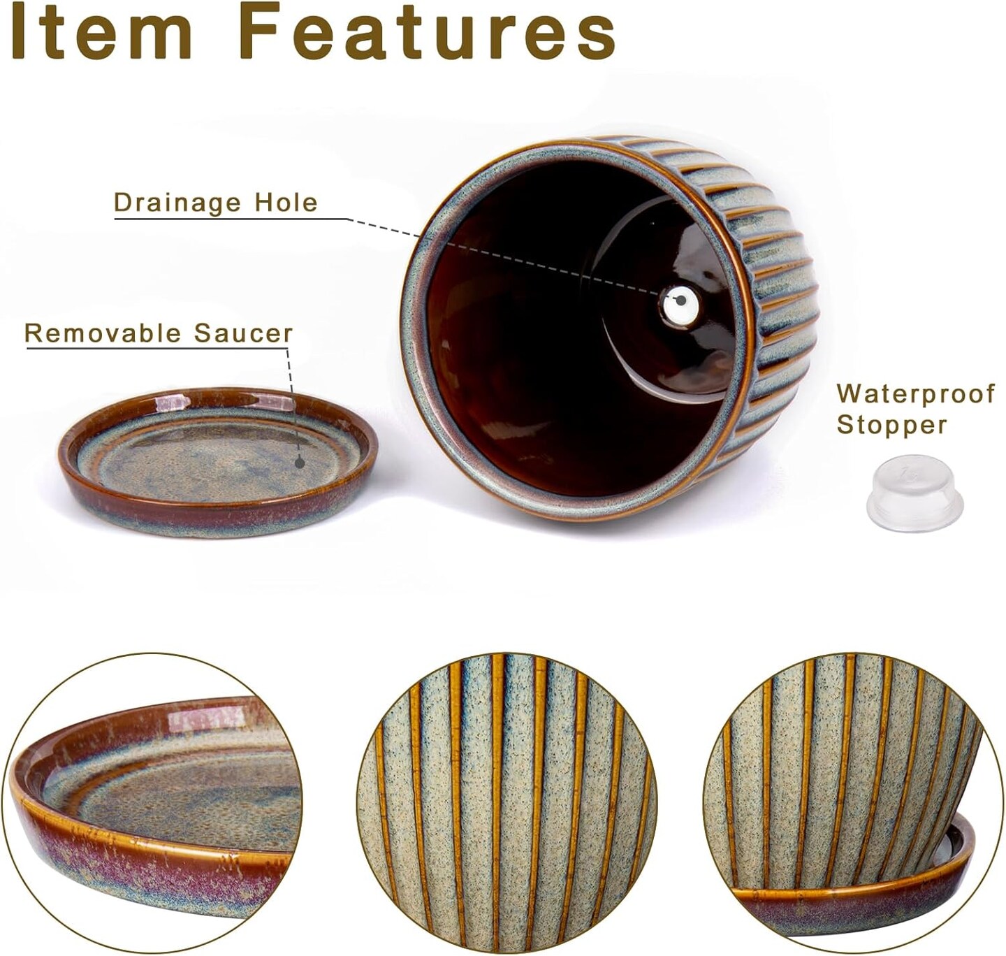 Set of 2 Ceramic Pots with Drainage Holes and Saucers (Brown)