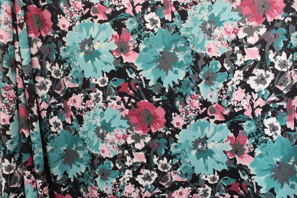 1 Yard Teal Pink Floral Spandex Fabric Four Way Stretch Activewear Swimwear Costume Leggings Material 58/60 Inch Width