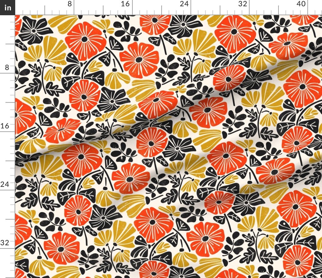 Bohemian Bold Floral Eclectic Stamped Large Scale Boho Distressed Faux Texture Scandi Yellow Orange Red Scandinavian Retro Mcm Midcentury Stamp Custom Printed Fabric by Spoonflower Various Fabrics by the Yard or Fat Quarter