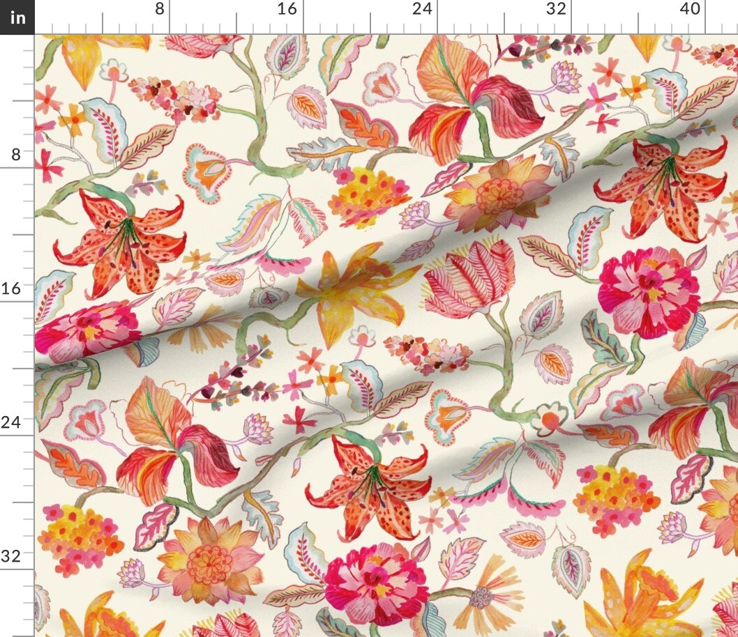 Whimsical Watercolor Flowers Traditional Cream Botanical Heritage Revival English French Custom Printed Fabric by Spoonflower Various Fabrics by the Yard or Fat Quarter