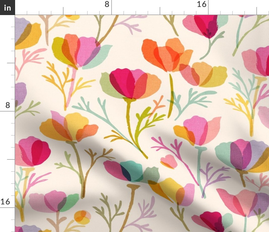 Watercolor Floral Botanical Garden Poppy Mid Century Modern Stained Glass Layered Textured Summer Spring Hand Painted Bloom Flowers Feminine Custom Printed Fabric by Spoonflower Various Fabrics by the Yard or Fat Quarter