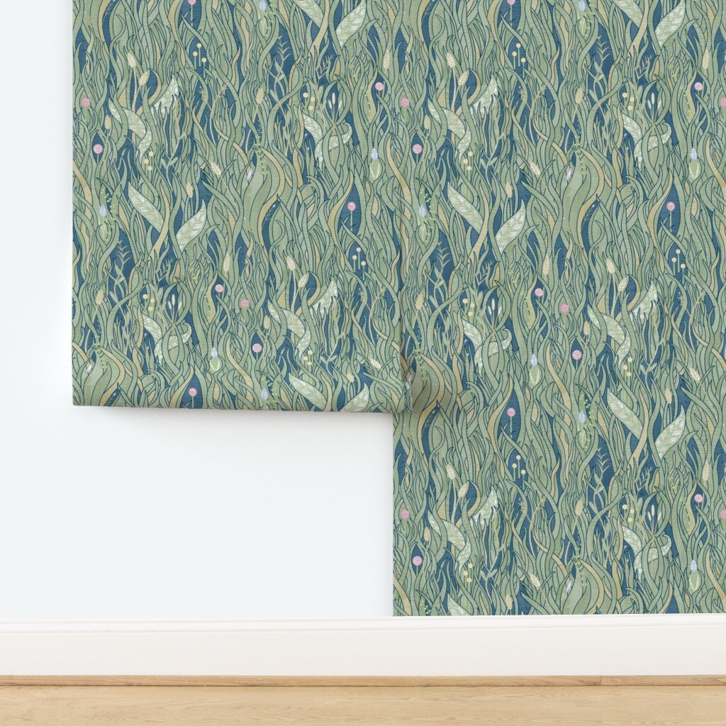 Wild Grasses Plants Nature Blue Green Vintage Wilderness Mid Century Rustic Antique Meadows Fields Beautiful Custom Removable Wallpaper by Spoonflower Peel & Stick Wallpaper 2FT Wide