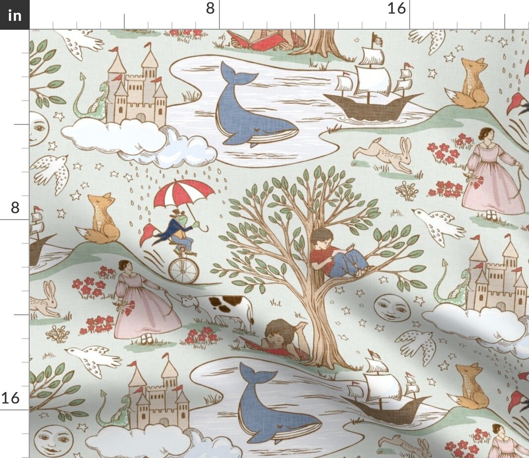 Whimsical Fairytale Reading Story Time Storybook Children Toile Whale Frog Tree Pirate Ship Moon Stars Dragon Castle Clouds Fox Rabbit Bunny Custom Printed Fabric by Spoonflower Various Fabrics by the Yard or Fat Quarter