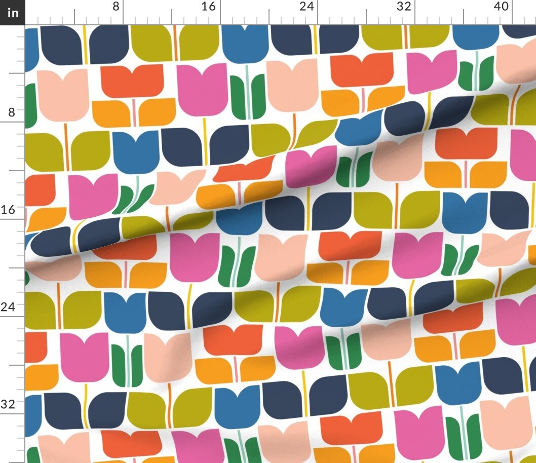 Retro Scandi Floral Colorful Tulips Geometric Scandinavian Mcm Mid Century Garden Bold Large Scale Cheerful Classroom Playroom Custom Printed Fabric by Spoonflower Various Fabrics by the Yard or Fat Quarter