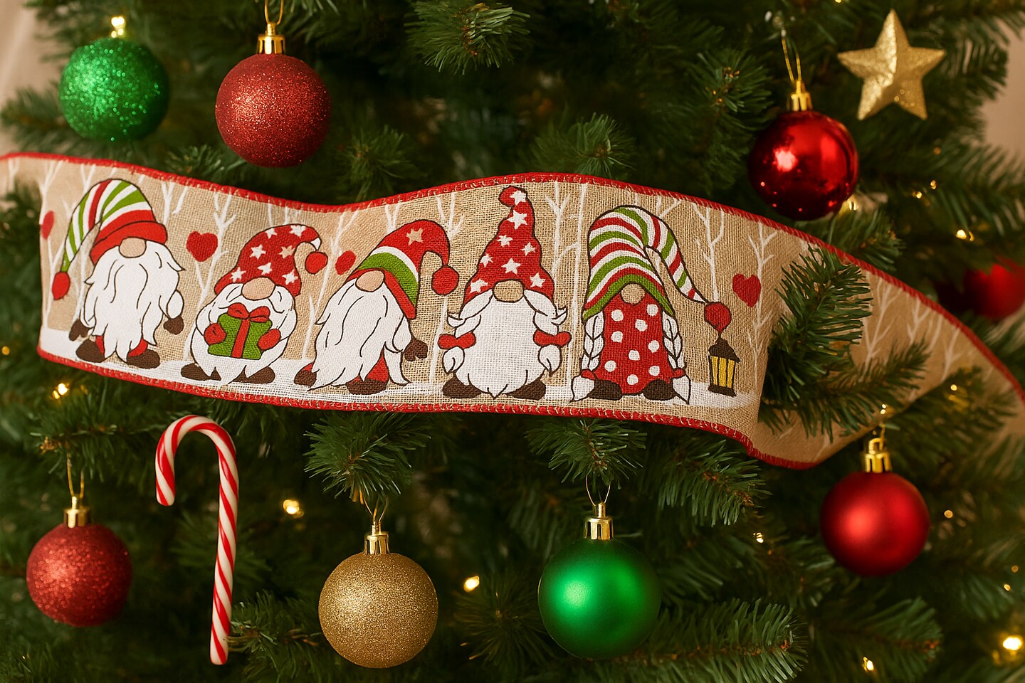 Designer&#x2019;s Shop WR 63-5203 Christmas Gnome Wired Edge Ribbon &#x2013; 2.5&#x22; x 10 Yards &#x2013; Red Green Striped Hats &#x26; Holiday Lanterns on Natural Burlap