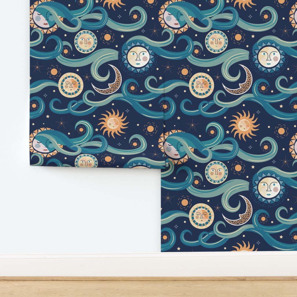 Abstract Whimsical Celestial Sun Moon Mystical Stars Clouds Night Sky Blue Yellow Eclectic 90S Modern Folk Art Novelty Bohemian Custom Pre-pasted Wallpaper by Spoonflower Pre-Pasted Wallpaper 2FT Wide