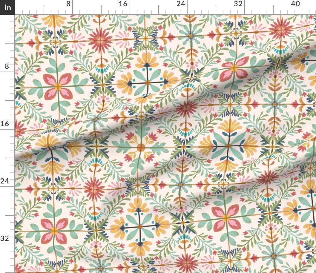 Botanical Tiles Vintage Watercolor Painterly Colorful Garden Flowers Spring Italian Grecian Farmhouse Custom Printed Fabric by Spoonflower Various Fabrics by the Yard or Fat Quarter