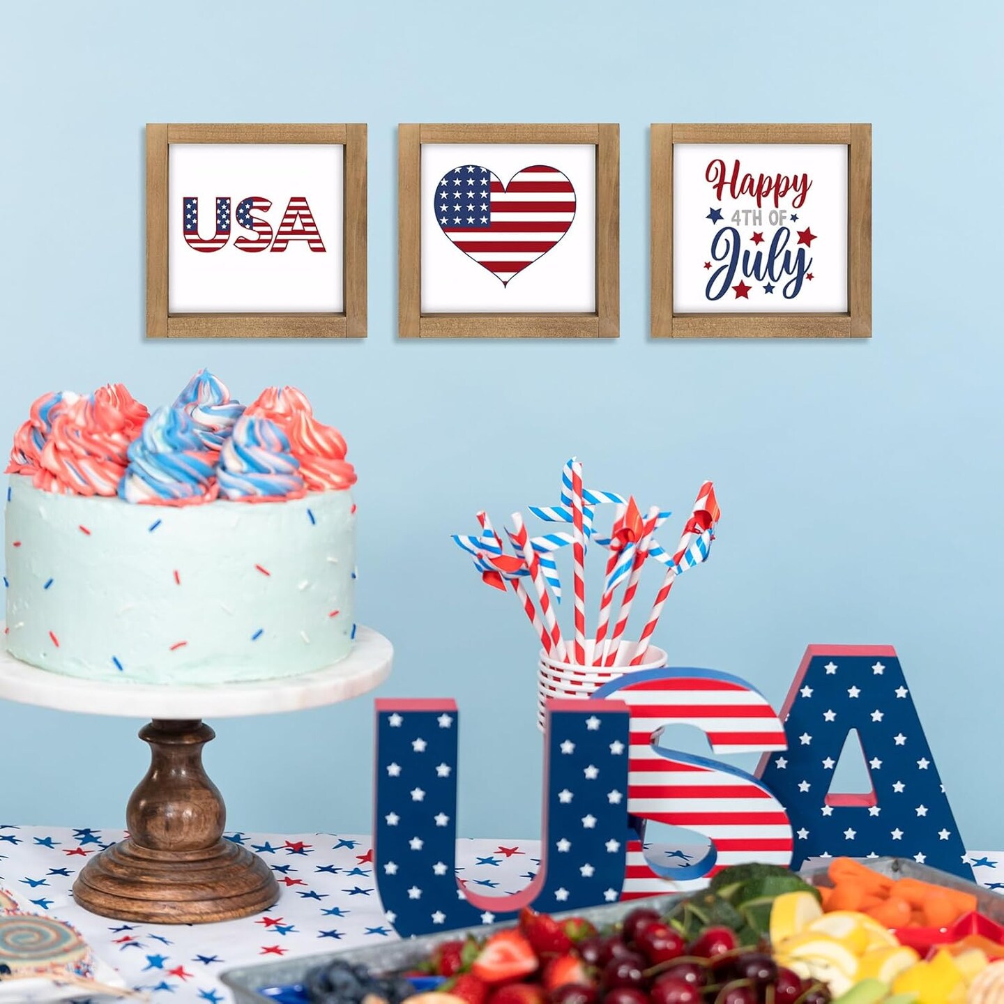 3pcs 4th Of July Wooden Patriotic Wall Decor with Frame (red white blue)