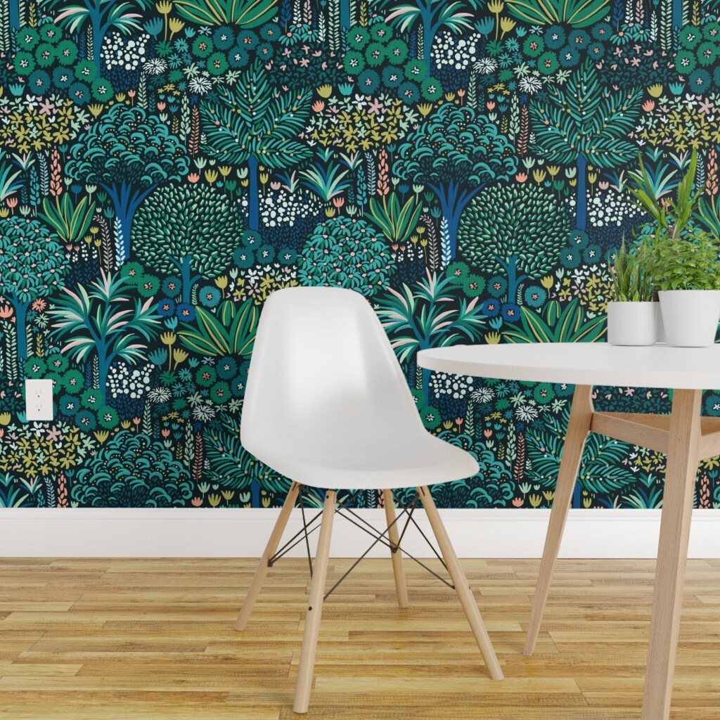 Peel &#x26; Stick Wallpaper 2FT Wide Bohemian Tropical Botanical Emerald Jade Whimsical Jungle Custom Removable Wallpaper by Spoonflower
