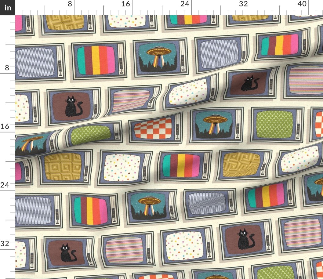 Retro Vintage Tv Novelty Media Television Ufo Dots Stripes Check Static Cat Lines Geometric Spaceship Colorful Eclectic Movie Video Game Custom Printed Fabric by Spoonflower Various Fabrics by the Yard or Fat Quarter