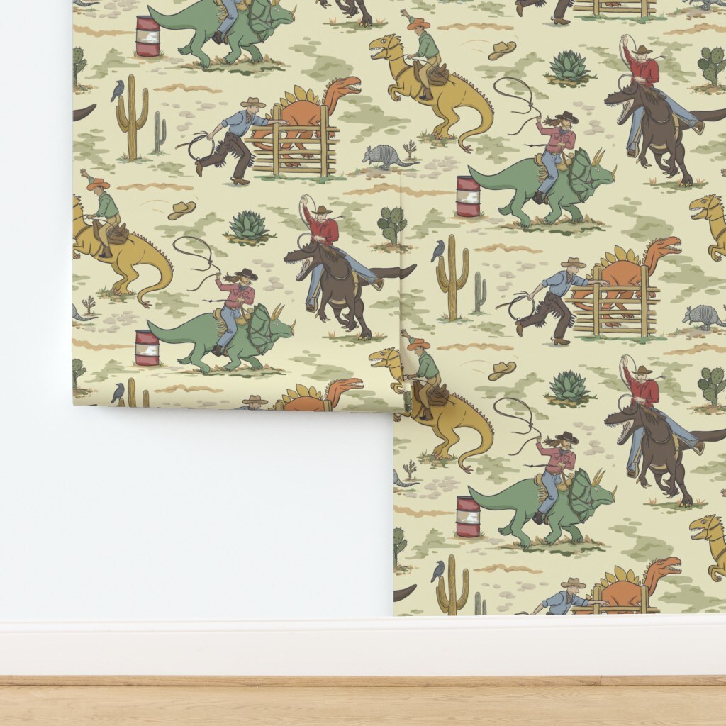Wild West Cowboy Cowgirl Dinosaurs Kids Rodeo Armadillo Southwest Lasso Barrel Racing Tyrannosaurus Rex Triceratops Stegosaurus Cactus Raven Custom Removable Wallpaper by Spoonflower Peel & Stick Wallpaper 2FT Wide