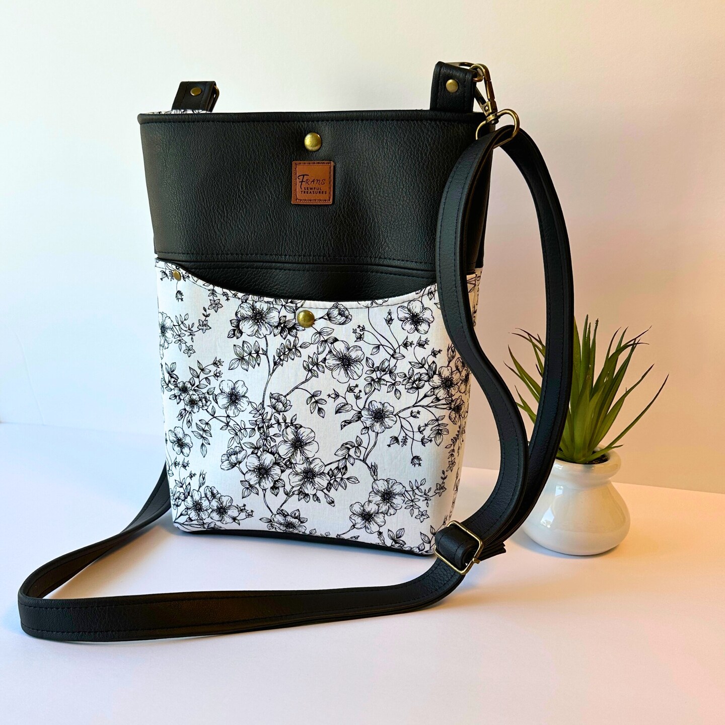 Black Floral Faux Leather Crossbody Bag with Adjustable  display picture 1