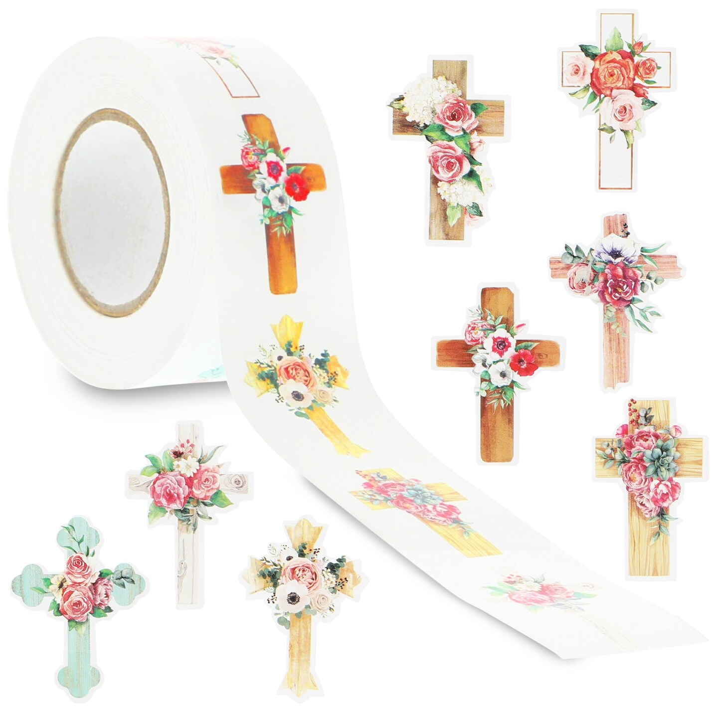 Faithful Finds Floral Cross Stickers - 500 Stickers - Single Roll with 8 Designs, Ideal for Scrapbooking, Crafts and Cards (1 x 1.5 Inch)