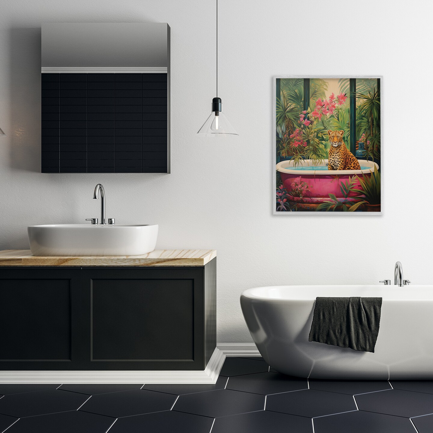 Stupell Industries Leopard in Lush Tropical Bath Framed Giclee Design by Heidi Kuntz