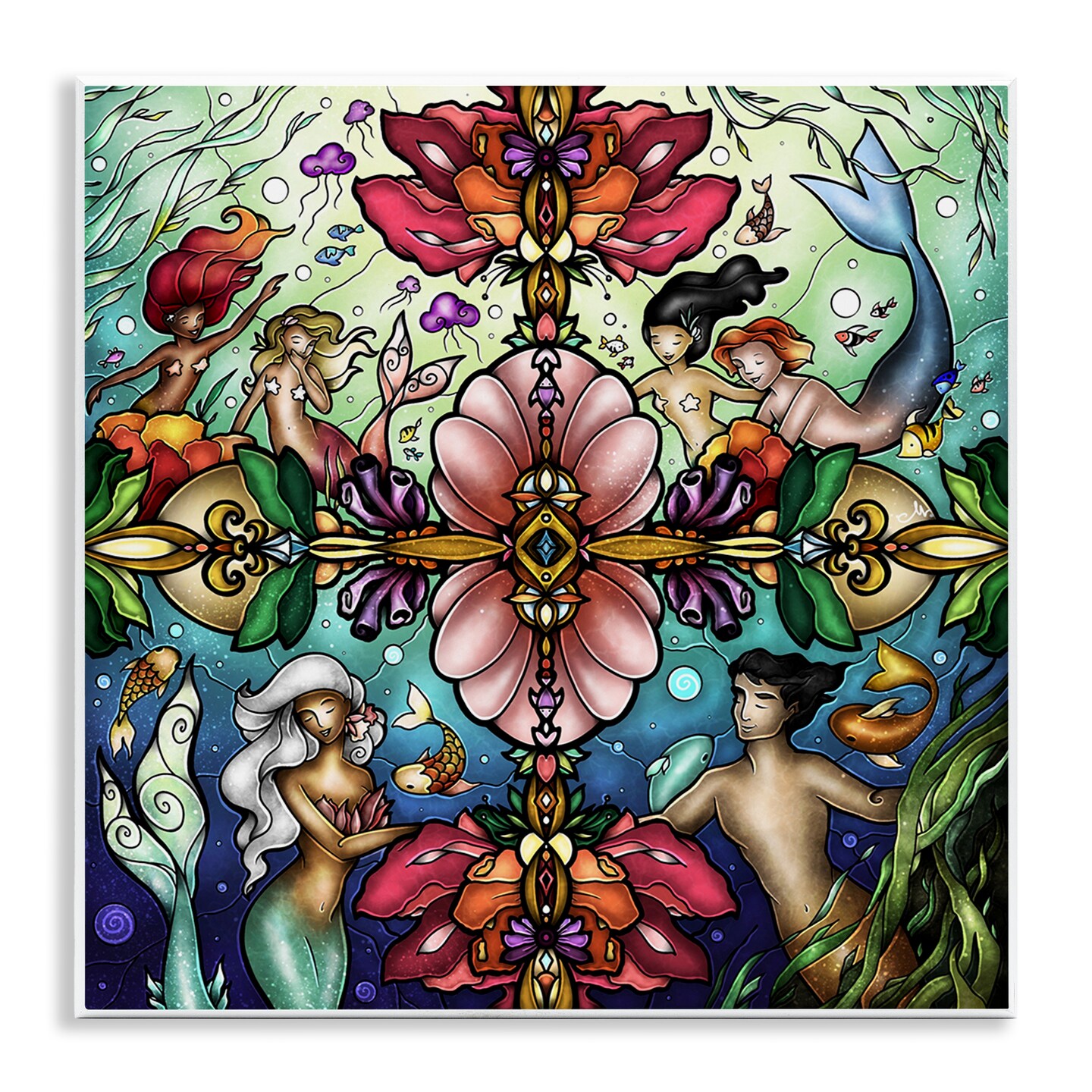 Stupell Industries Detailed Stain Glass Style Mermaids Wall Plaque Design by Mandie Manzano