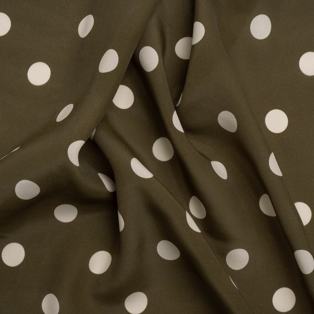 1 Yard Silk and Viscose Crepe de Chine 54" Wide Olive & Cream Polka Dot Fabric for Tops & Pajamas