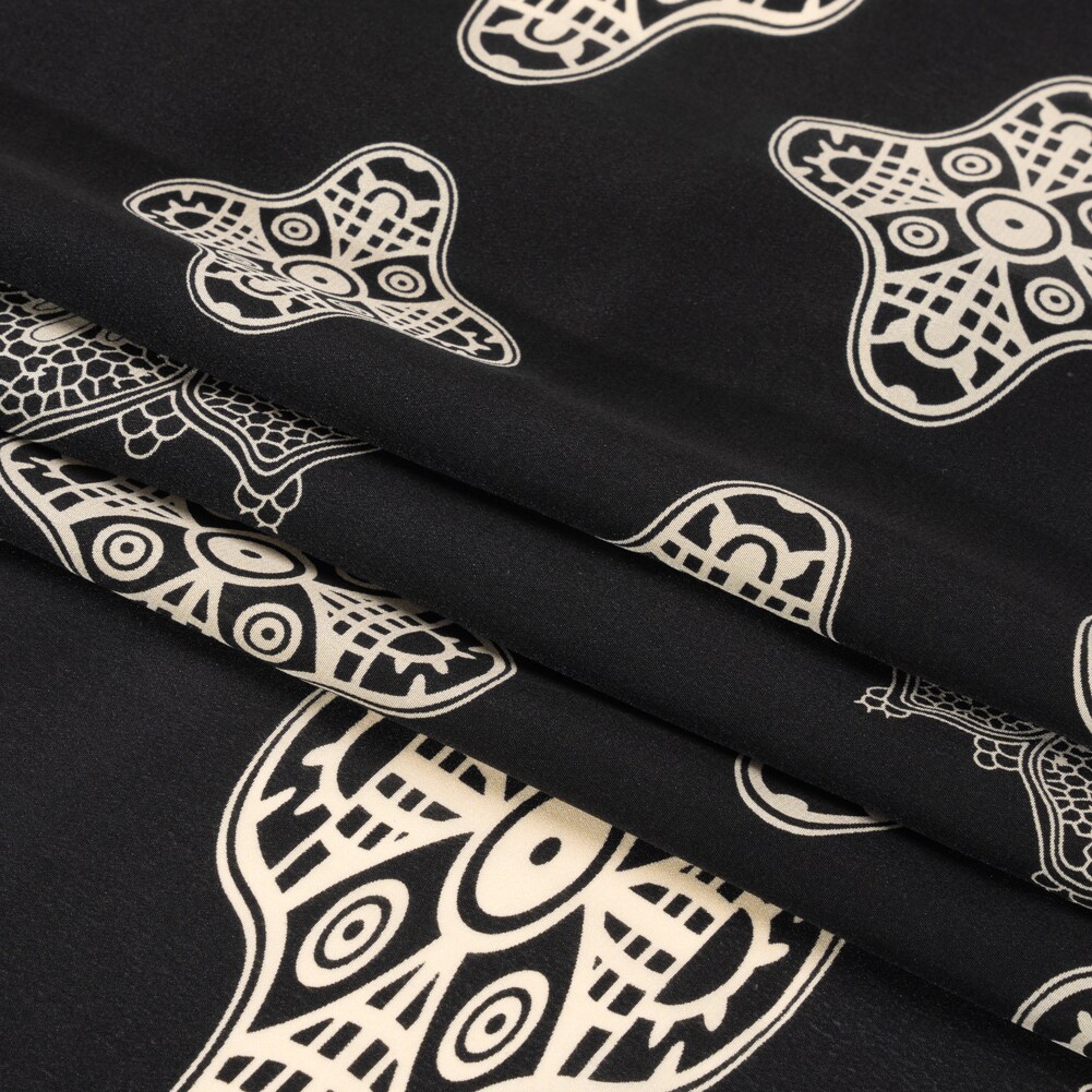 1 Yard Black & Cream Eye Medallions Silk Crepe de Chine Fabric for Blouses & Evening Dresses 54 Inches Wide
