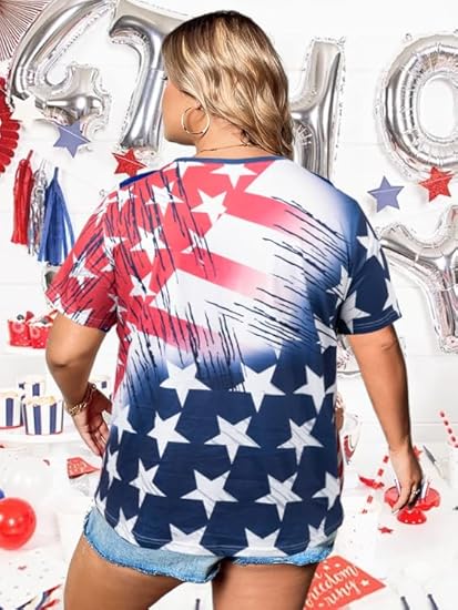 Plus Size American Flag Shirt Women 4th of July Tee Shirt USA Stars Stripes T-Shirt Patriotic Summer Tunic Tops