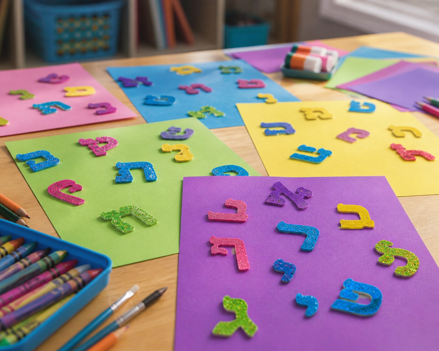 Alef Bet Foam Letter Shapes – 250 Pack, 5 Color Sheets + 2 Glitter Sheets – Hebrew Alphabet Stickers for Crafts & Classroom