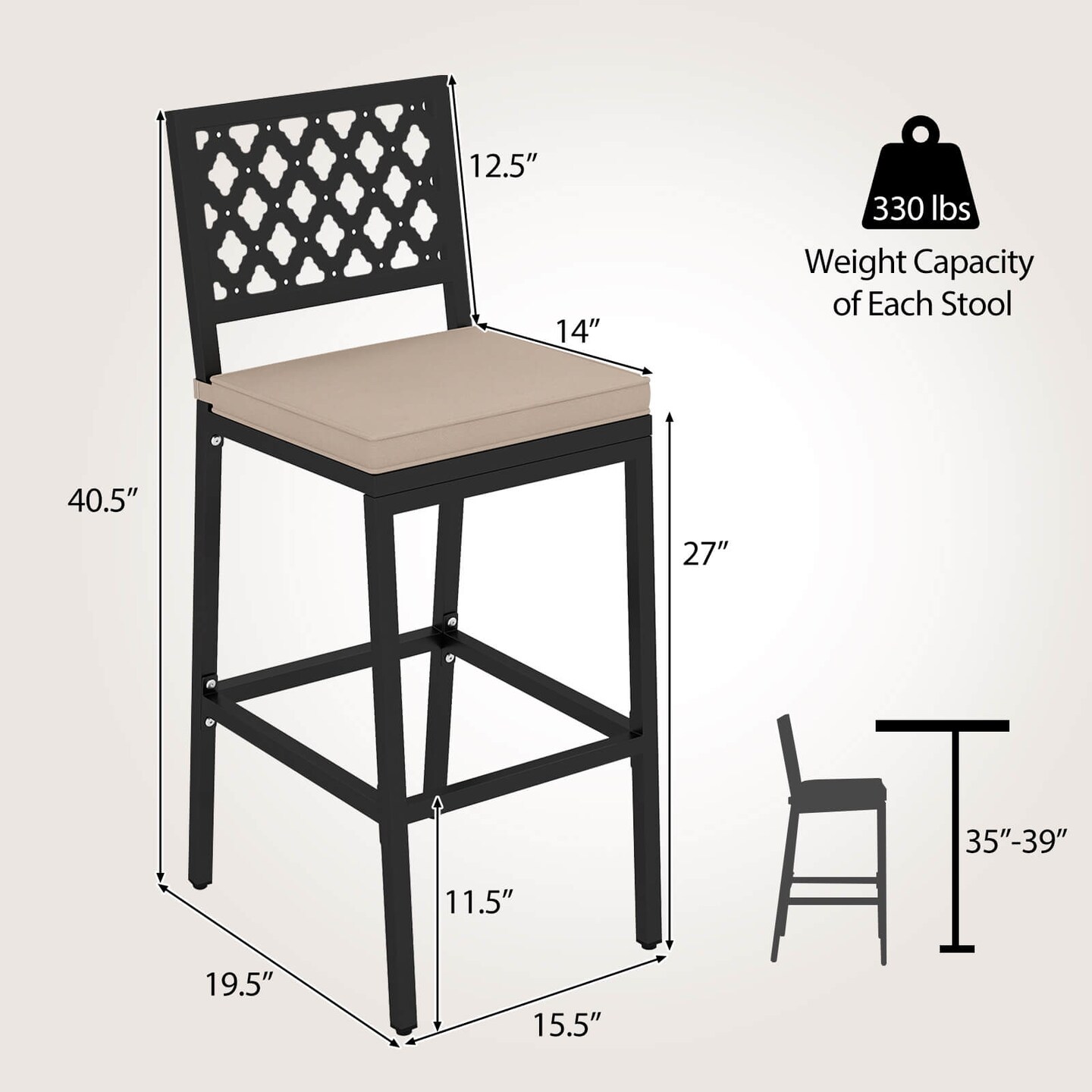 Costway Set of 2 Outdoor Bar Height Dining Chairs Patio Metal Bar Stools with Cushion