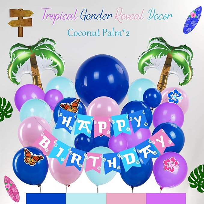 Blue pink purple Balloon Hawaii Garland Kit with Ohana theme backdrop and birthday banner plam tree mylar balloons for Summer aloha cartoon birthday party gender reveal Baby shower decorations