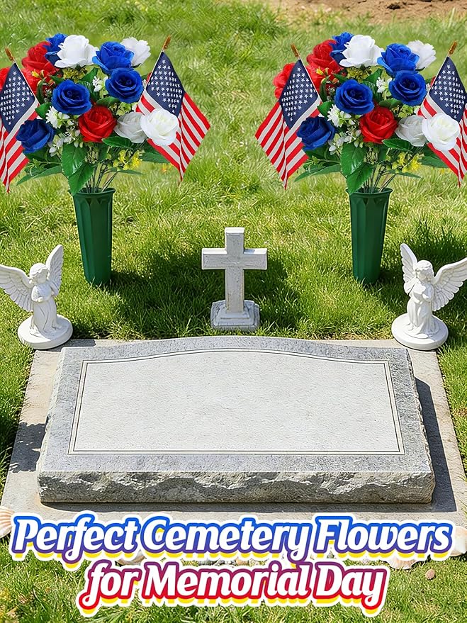 Memorial Day Cemetery Flowers for Grave - Weatherproof Red White Blue Bouquet with American Flags & Vase, Grave Decorations for Veterans Cemetery Headstones (2 Pack)
