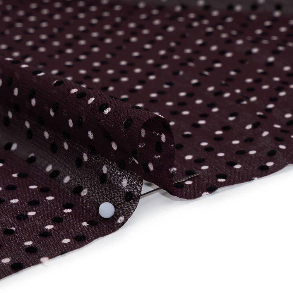 1 Yard Burgundy Crinkled Polyester Chiffon Flocked Dots Little Black & White Polka Dots 57 Inch Wide