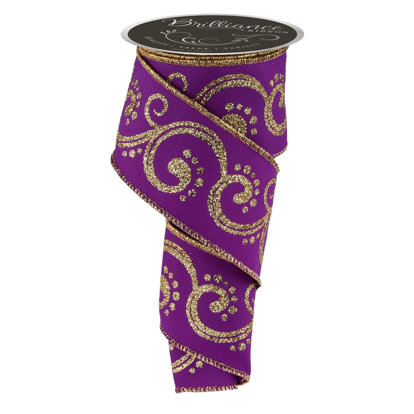 Brilliance 2.5" Purple and Gold Filigree Glitter Swirl Wired Ribbon, 10 Yards for Christmas Bows, Wreaths, Gift Wrap, Crafts and Decorations
