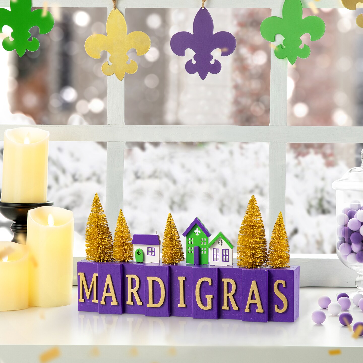 Set of 2 14"L Mardi Gras Wooden House/Brush Trees Table Decor