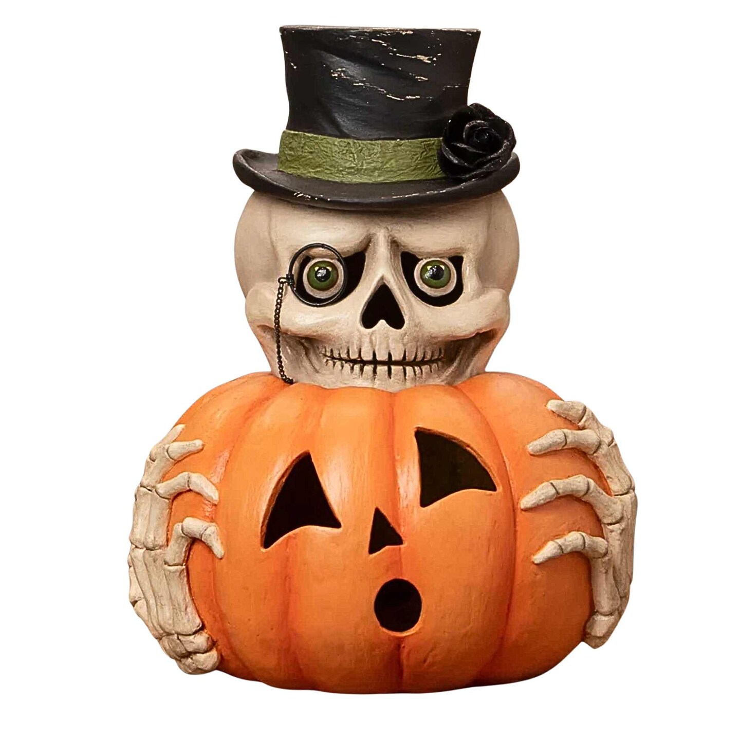 Bethany Lowe 14.0 Inch Mr. Skully With Pumpkin Halloween Figurine , Lightweight Halloween Decor Halloween Object