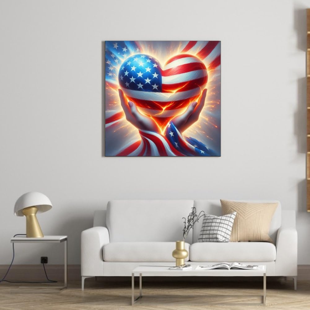 5D Independence Day Diamond Painting Kit for Adults Beginners – Full Round Drill Patriotic American Flag Heart DIY Crystal Gem Art 14x14 Inch Wall Decor Craft Set