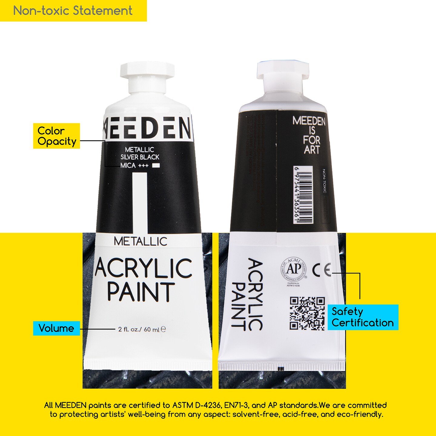 MEEDEN Metallic Acrylic Paint, 6 Colors Heavy Body Acrylic Paint Set, 60 ml/2 oz Pro Tubes, Rich Pigments Non-Toxic Art &#x26; Craft Paints for Artists, Hobby Painters &#x26; Beginners