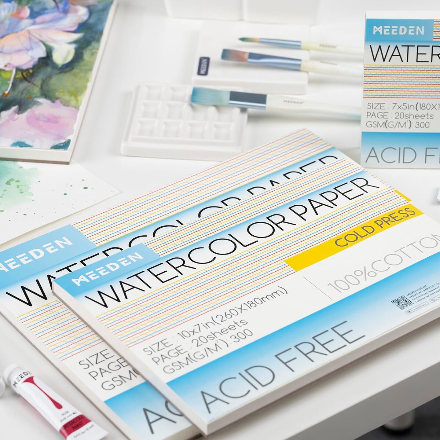 MEEDEN Watercolor Paper Block, 100% Cotton Watercolor Paper Pad of 20 Sheets, 140lb/300gms, Acid-Free Art Paper for Watercolor, Gouache, Ink and More, 9&#x22; x 12&#x22; Cold Press