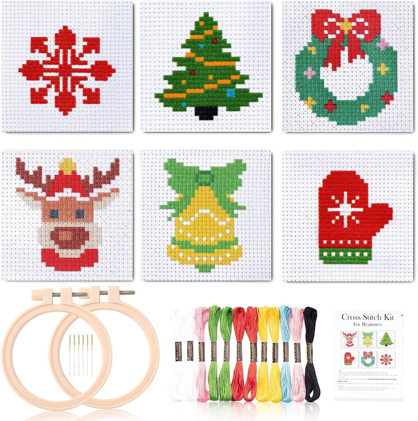 Christmas Cross Stitch Beginner Kits for Kids 7-13, Includes 6pcs Project Cross Stitch Pattern and 2pcs Hoops