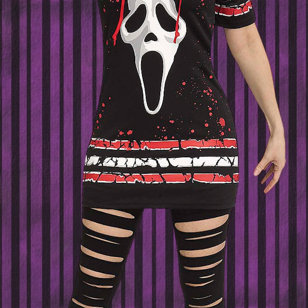 Ghost Face Dress Costume for Adults Halloween Lace-Up V-Neck Iconic Mask Print