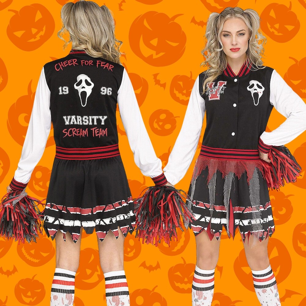 Scream for the Team Cheerleader Costume Adult Medium Large Halloween Varsity Dress Ghost Face Socks Pom Poms