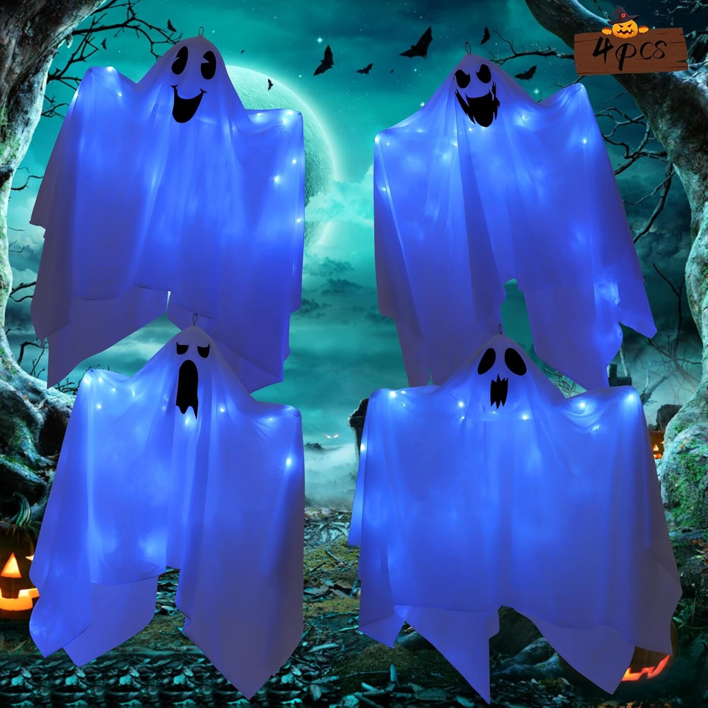 4 Pack Halloween Hanging Ghosts with Blue Lights - 27.5&#x22;