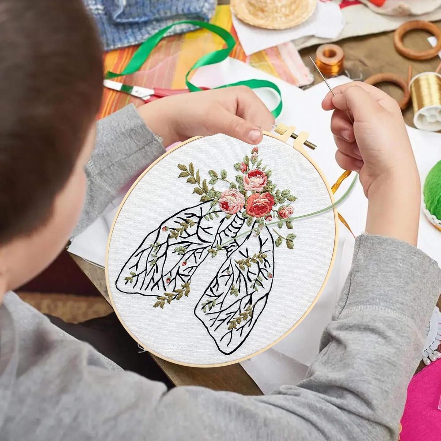 Skull & Anatomy Embroidery Kit for Beginners – 5 Floral Stamped Patterns with Hoops, Needles, and Threads – DIY Needlepoint Set for Adults, Doctors & Nurses