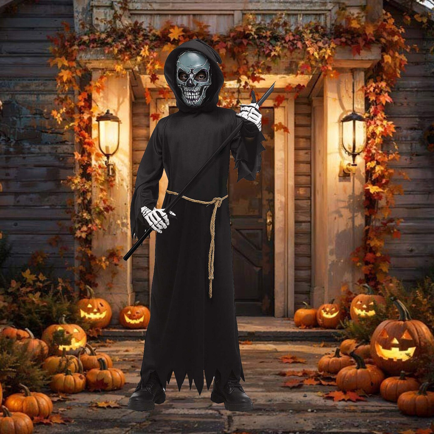 Kids Electro Skull Reaper Light Up Mask Costume Halloween Hooded Robe Skeleton Gloves Scary Outfit