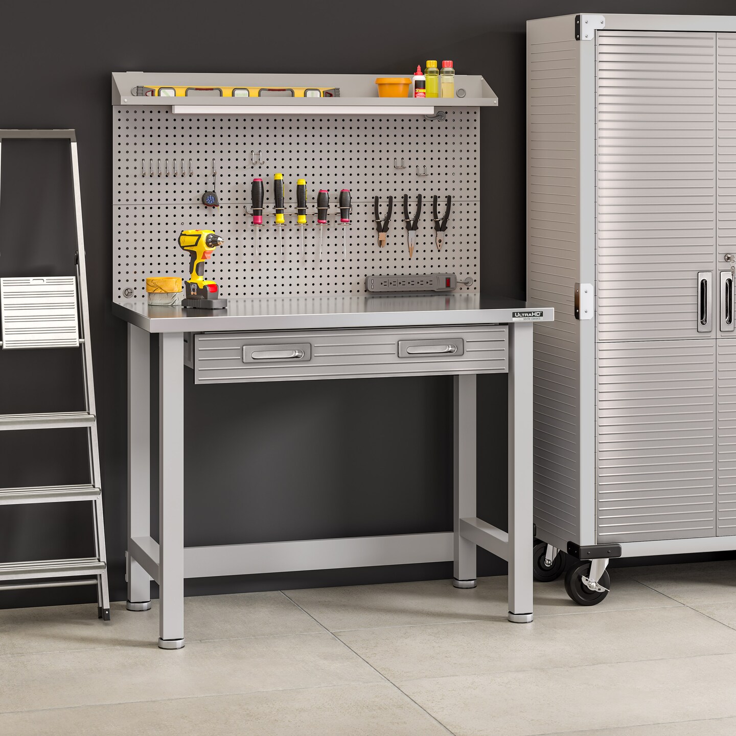 Seville Classics UltraHD Lighted Workcenter w/ Stainless Steel Top and Pegboard