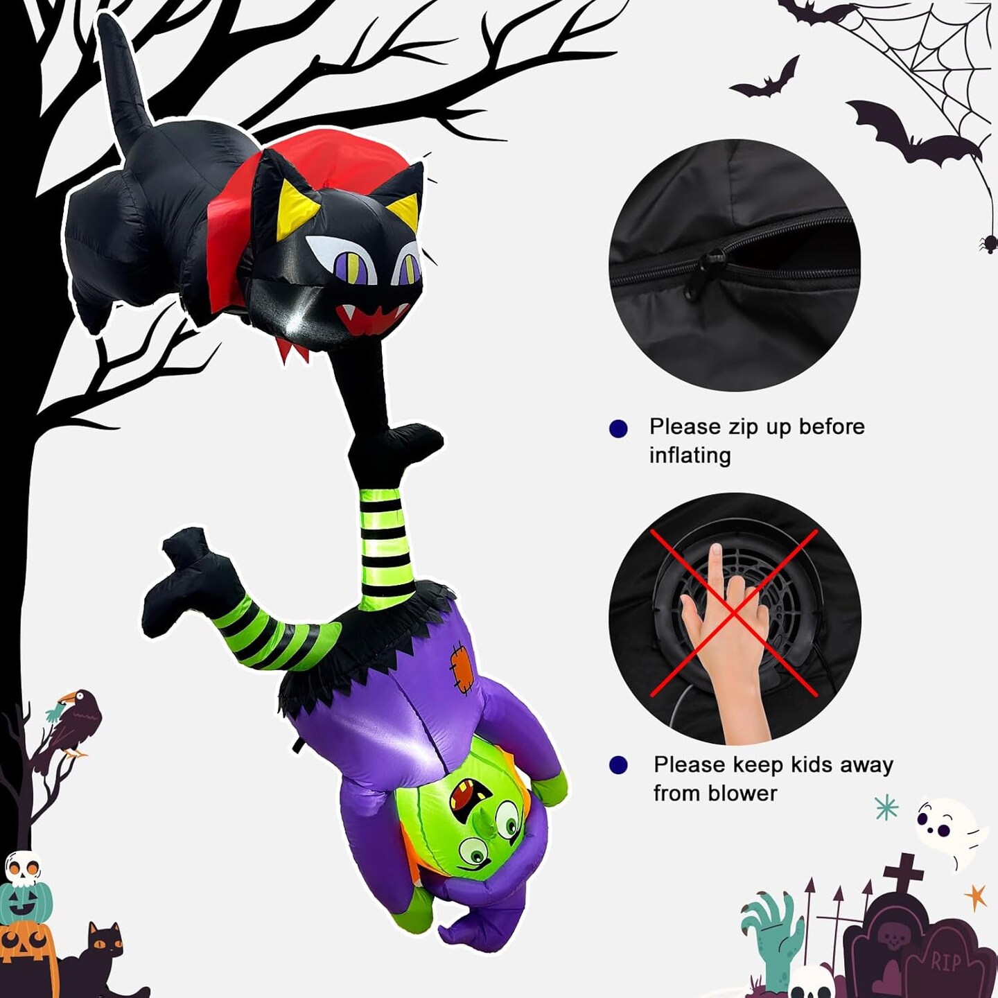 8 FT Halloween Inflatables with LED Lights - Black Cat and Witch